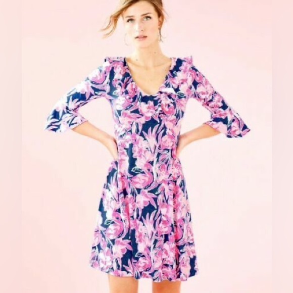 LILLY PULITZER STIRLING DRESS STYLE 001144 INKY NAVY FLAMINGLE XS RUFFLE A-LINE - Picture 3 of 14